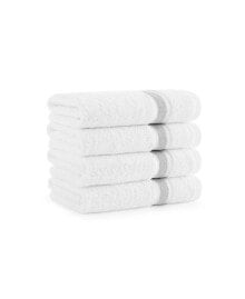 Aston and Arden aegean Eco-Friendly Recycled Turkish Hand Towels (4 Pack), 18x30, 600 GSM, White with Weft Woven Stripe Dobby, 50% Recycled, 50% Long-Staple Ring Spun Cotton Blend, Low-Twist, Plush, Ultra Soft