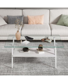 Simplie Fun modern Glass Coffee Table with White Metal Legs