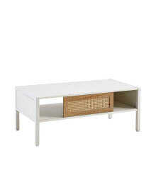 Simplie Fun modern white rattan coffee table with storage and metal legs