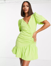 Купить женские мини-платья Missguided: Missguided – Wickelkleid in Limettengrün mit Puffärmeln