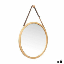 Hanging mirror Natural Leather Bamboo Circular 38 x 35 x 1,5 cm (6 Units)
