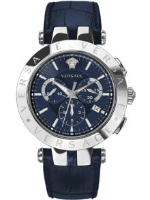 Мужские наручные часы с синим кожаным ремешком Versace VERQ00620 V-Race chrono 42mm 5ATM