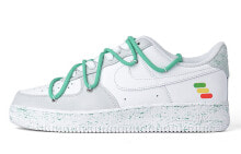 【定制球鞋】 Nike Air Force 1 Low 合成革 纯白 低帮 泼墨 解构鞋带 未来科技 低帮 板鞋 女款 白灰绿 / Кроссовки Nike Air Force DD8959-100