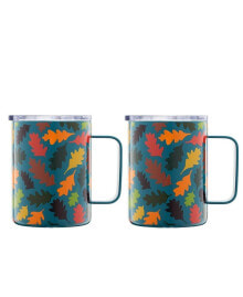 Cambridge teal Falling Leaves Insulated Coffee Mugs, Set of 2