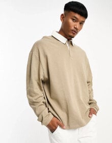 ASOS DESIGN – Rugby-Polo-Sweatshirt in Grau-Beige