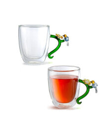 Qualia Glass botanical Double Wall Mugs, Set of 2, 10.5 Oz