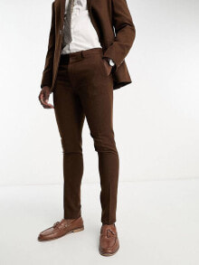 Мужские брюки aSOS DESIGN skinny wool mix suit trousers in herringbone in brown