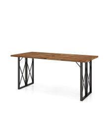 SUGIFT 67 Inch Patio Rectangle Acacia Wood Dining Table with Umbrella Hole