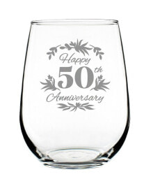 Bevvee happy 50th Anniversary Floral 50th Anniversary Gifts Stem Less Wine Glass, 17 oz