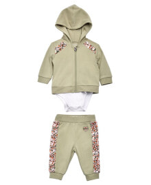 GUESS baby Girls Interlock Triangle Logo Bodysuit, Full Zipper Sweater and Joggers, 3 Piece Set