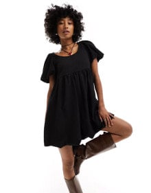 Monki short balloon sleeve mini dress in black купить в аутлете