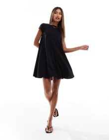 ASOS DESIGN textured mini smock dress with leopard bow back in black купить в аутлете