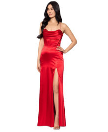 Blondie Nites juniors' Draped Lace-Up Satin Gown
