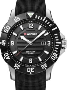 Мужские наручные часы с черным силиконовым ремешком Wenger 01.0641.132 Seaforce diver 43mm 20ATM