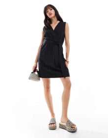 Vila linen blend wrap front mini dress with tie belt in black купить в аутлете