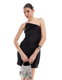 ASOS DESIGN satin one shoulder draped mini dress in black купить в интернет-магазине