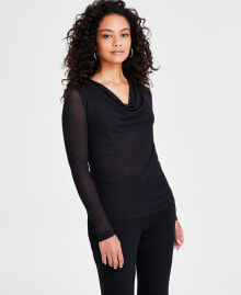 Petite Long-Sleeve Cowlneck Mesh Top, Created for Macy's купить онлайн