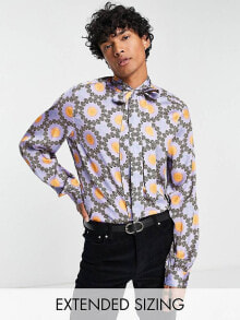 Мужские рубашки aSOS DESIGN satin shirt with tie neck and blouson sleeve in lilac tile print