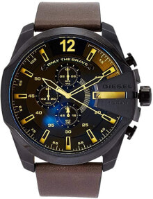 Мужские наручные часы с ремешком Мужские наручные часы с коричневым кожаным ремешком Diesel Men's Mega Chief Anadigi 51mm Case Size Stainless Steel Watch