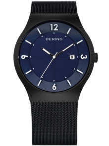 Мужские наручные часы с черным браслетом Bering Solar Watch Classic 14440-227 Mens Watch Black Blue 40 mm