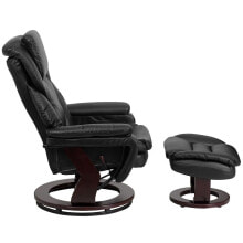 Flash Furniture contemporary Black Leather Recliner And Ottoman With Swiveling Mahogany Wood Base
