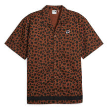 Puma Downtown Kitten Short Sleeve Button Up Shirt Mens Black, Brown Casual Tops купить онлайн