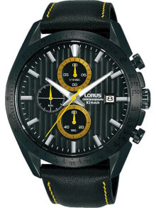 Аналоговые мужские наручные часы с черным кожаным ремешком Lorus RM309HX9 Sport chrono 45mm 10ATM
