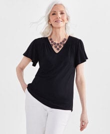 Petite Smocked-Shoulder V-Neck Flutter-Sleeve Top, Created for Macy's купить онлайн