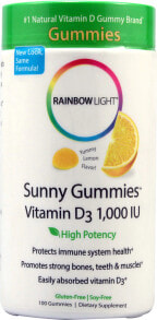 Витамин D Rainbow Light Sunny Gummies Vitamin D3 Yummy Lemon Витамин D3 со вкусом лимона - 1000 МЕ - 100 жевательных резинок