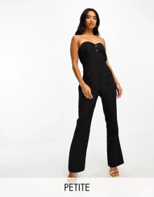 Купить женские комбинезоны In The Style Petite: In The Style Petite tailored bandeau button detail wide leg jumpsuit in black