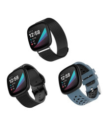 WITHit black Stainless Steel Mesh Band, Bluestone and Black Premium Sport Silicone Band and Black Woven Silicone Band Set, 3 PC Compatible with the Fitbit Versa 3 and Fitbit Sense