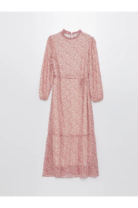 LCWAIKIKI Classic Fırfırlı Dik Yaka Çiçekli Uzun Kollu Kadın Elbise