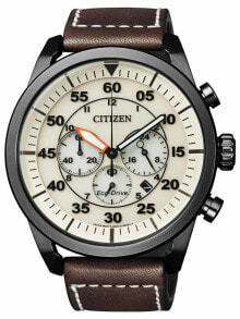 Мужские наручные часы с ремешком Мужские наручные часы с коричневым кожаным ремешком Citizen CA4215-04W Eco-Drive Sports Chronograph 45mm 10 ATM
