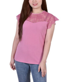 Купить женские блузки и кофточки NY Collection: Petite Size Crepe Knit Top with Lace Flanged Sleeve and Yoke