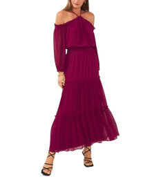 1.STATE women's Smocked Waist Halter Long Sleeve Maxi Dress