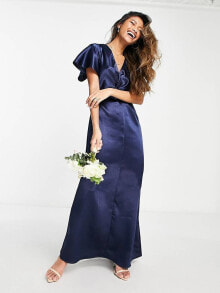 Vila – Bridesmaid – Maxikleid aus Satin in Marineblau mit Flatterärmeln