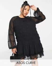 ASOS DESIGN Curve lace insert ruched mini smock dress in black купить в аутлете