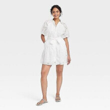 Women's Eyelet Balloon Elbow Sleeve Mini Shirtdress - A New Day