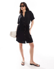 Pieces tie waist linen mini shirt dress in black купить в интернет-магазине