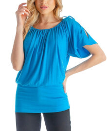 24seven Comfort Apparel solid Color Short Sleeve Split Shoulder Top