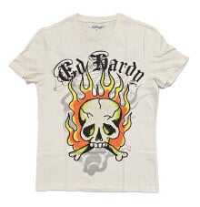 Купить бежевые мужские футболки Ed Hardy: Ed Hardy Flame Skull Rhinestone Short Sleeve Mens T-Shirt - EHM1100-106RS