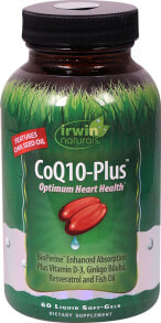Коэнзим Q10 Irwin Naturals CoQ10-Plus Коэнзим Q10 с витамином D-3, гинкго билоба, ресвератролом и рыбьим жиром для поддержки энергии, сердца и крови 60 гелевых капсул