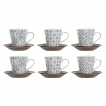 Cup DKD Home Decor Blue White Brown Rubber wood Stoneware 150 ml