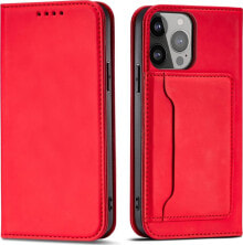 Hurtel Magnet Card Case etui do iPhone 13 Pro Max pokrowiec portfel na karty kartę podstawka czerwony