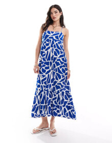 ONLY strappy tiered maxi dress in blue abstract print купить онлайн