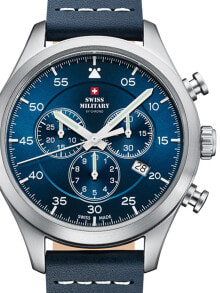 Мужские наручные часы с синим кожаным ремешком Swiss Military SM34076.05 Chronograph 43mm 10ATM