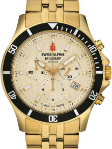 Мужские наручные часы с золотым браслетом Swiss Alpine Military 7022.9111 chronograph 42mm 10ATM