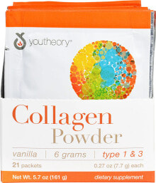 Коллаген Youtheory Collagen Powder Vanilla Коллаген I и III типа для кожи, волос и ногтей, со вкусом ванили 21 x 7.7 г