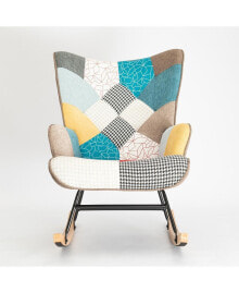 Simplie Fun rocking Chair, Mid Century Fabric Rocker Chair with Wood Legs and Patchwork Linen