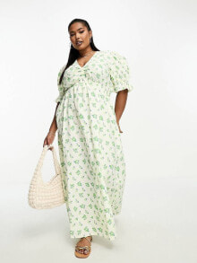 Женские повседневные платья aSOS DESIGN Curve cotton midi smock dress in cream based green floral print 